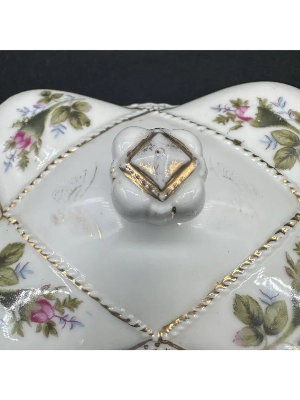 Vintage Japan Porcelain Trinket Box Pink Roses Gold Trim Footed Lidded Floral